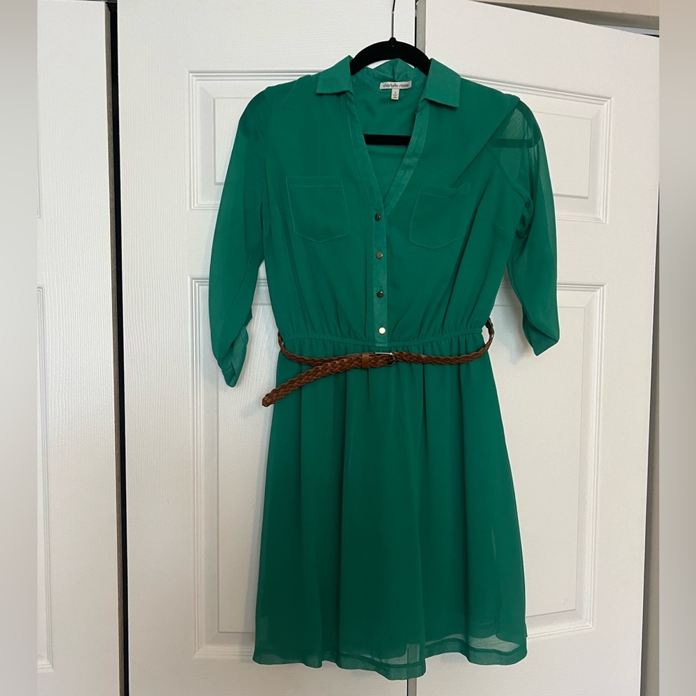 Green button up dress with belt
